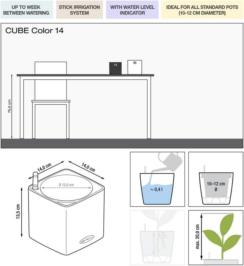 Lechuza 13384 Cube Color 14 Self-Watering Planter for Indoor and Outdoor Use, 6" x 6" x5", Slate - Image 2