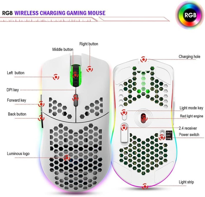 Kueh Wireless Gaming Mouse, Lightweight Honeycomb Shell with Backlight, 6 Buttons 4 Speed Adjustable DPI Computer Mouse Rechargeable RGB Gaming for PC/Mac/Laptop Laptop PCErgonomic Shape - Image 5