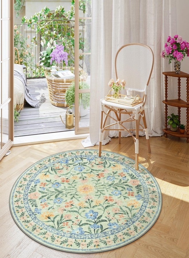 Wonnitar Washable Floral Round Rug, 6ft Sage Green Round Area Rugs for Bedroom Nursery, Boho Non-Slip Indoor Large Circle Carpets for Dining Room Living Room Kids Playroom - Image 2