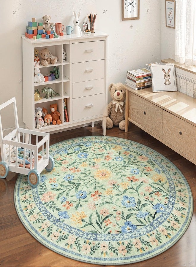 Wonnitar Washable Floral Round Rug, 6ft Sage Green Round Area Rugs for Bedroom Nursery, Boho Non-Slip Indoor Large Circle Carpets for Dining Room Living Room Kids Playroom - Image 1