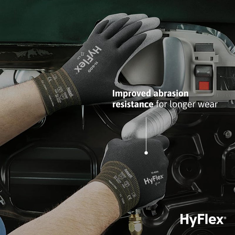 Ansell HYFLEX 11-600 Light Duty Nylon Industrial Gloves w/Palm Coating for Metal Fabrication, Automotive - Medium (8), Black (12 Pairs) - Image 4
