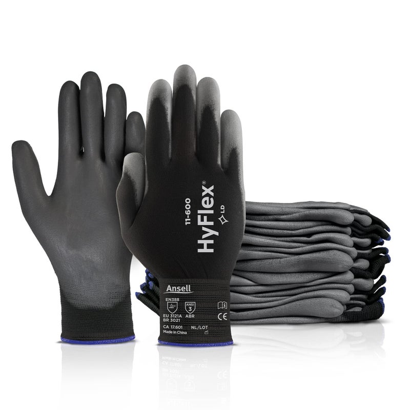 Ansell HYFLEX 11-600 Light Duty Nylon Industrial Gloves w/Palm Coating for Metal Fabrication, Automotive - Medium (8), Black (12 Pairs) - Image 1