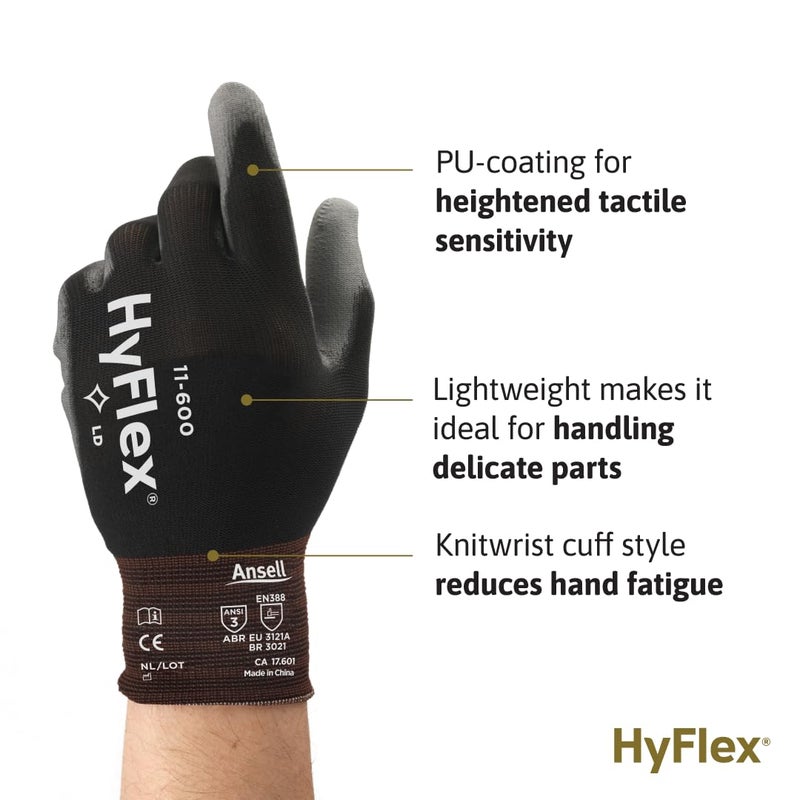 Ansell HYFLEX 11-600 Light Duty Nylon Industrial Gloves w/Palm Coating for Metal Fabrication, Automotive - Medium (8), Black (12 Pairs) - Image 2