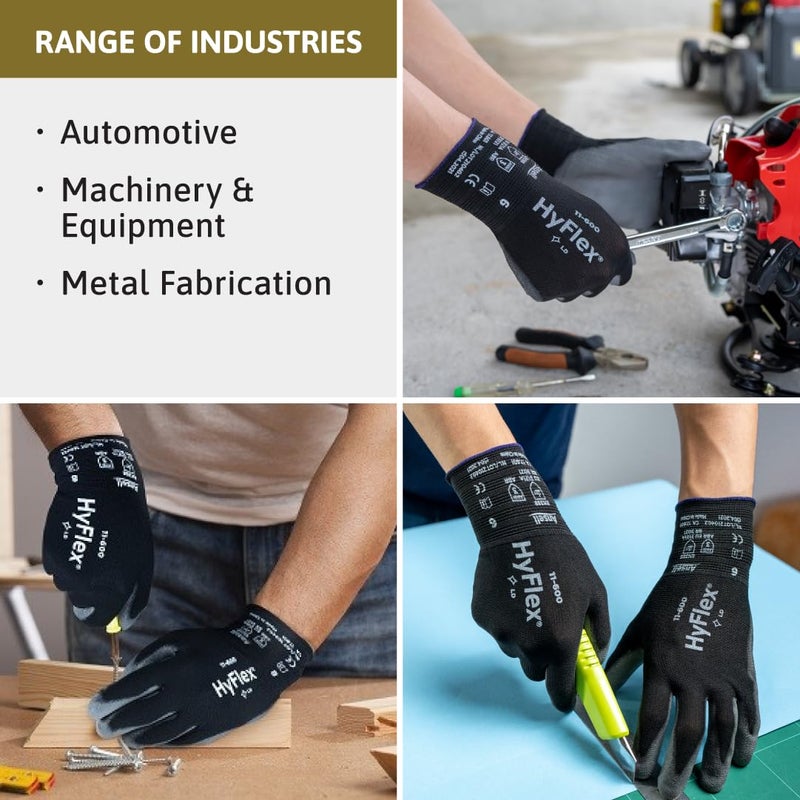 Ansell HYFLEX 11-600 Light Duty Nylon Industrial Gloves w/Palm Coating for Metal Fabrication, Automotive - Medium (8), Black (12 Pairs) - Image 3