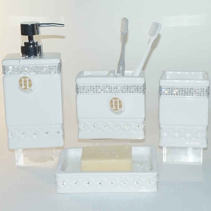 BATHROOM ACCESSORIES SET 4 PCSCERAMIC GIFT SET SOAP DISPENSER PUMP TOOTHBRUSH HOLDER TUMBLER CUP SOAP DISH BATHROOM HOME DECOR CLEARANCE COUNTERTOP VANITY ORGANIZEWHITE WHITE05