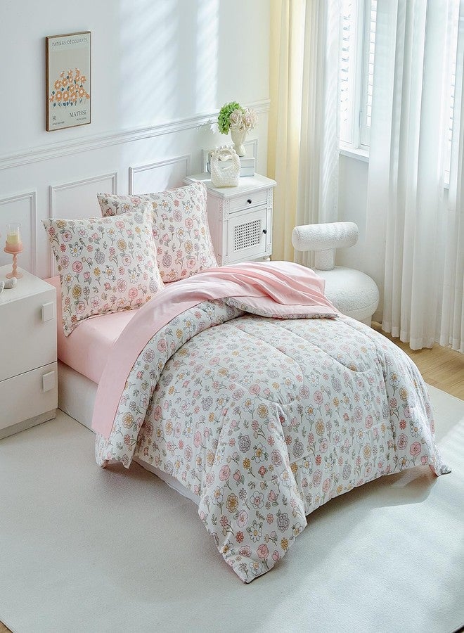 DuShow Floral Twin Comforter Set,5 Pieces Twin Bedding Set for Girls,Twin Bed in a Bag, All Season Kids Sheet Set with Comforter, Flat Sheet, Fitted Sheet, Pillowcase and Pillow Sham-Pink Floral - Image 4