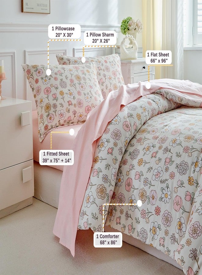 DuShow Floral Twin Comforter Set,5 Pieces Twin Bedding Set for Girls,Twin Bed in a Bag, All Season Kids Sheet Set with Comforter, Flat Sheet, Fitted Sheet, Pillowcase and Pillow Sham-Pink Floral - Image 3