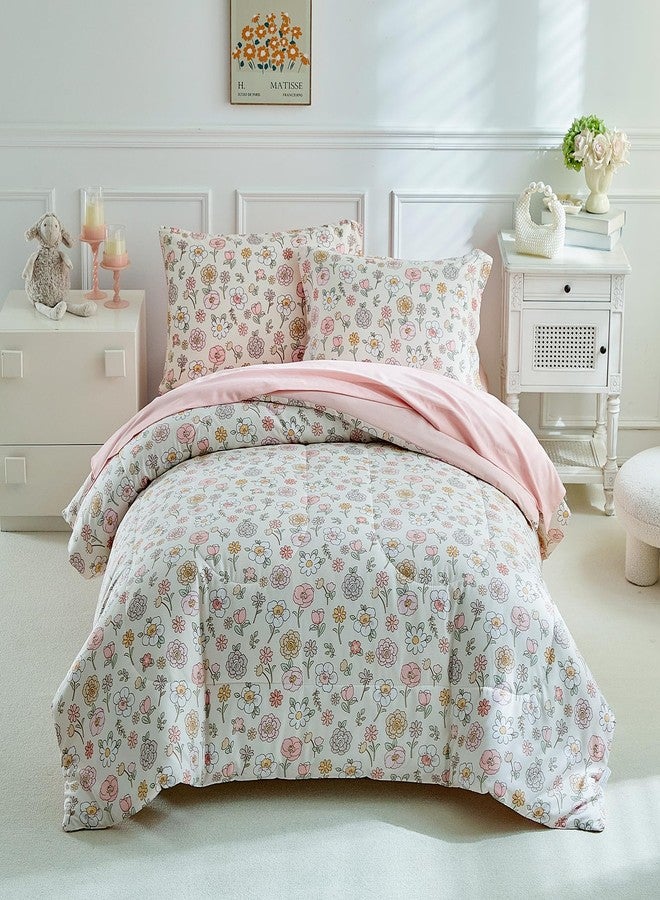 DuShow Floral Twin Comforter Set,5 Pieces Twin Bedding Set for Girls,Twin Bed in a Bag, All Season Kids Sheet Set with Comforter, Flat Sheet, Fitted Sheet, Pillowcase and Pillow Sham-Pink Floral - Image 1