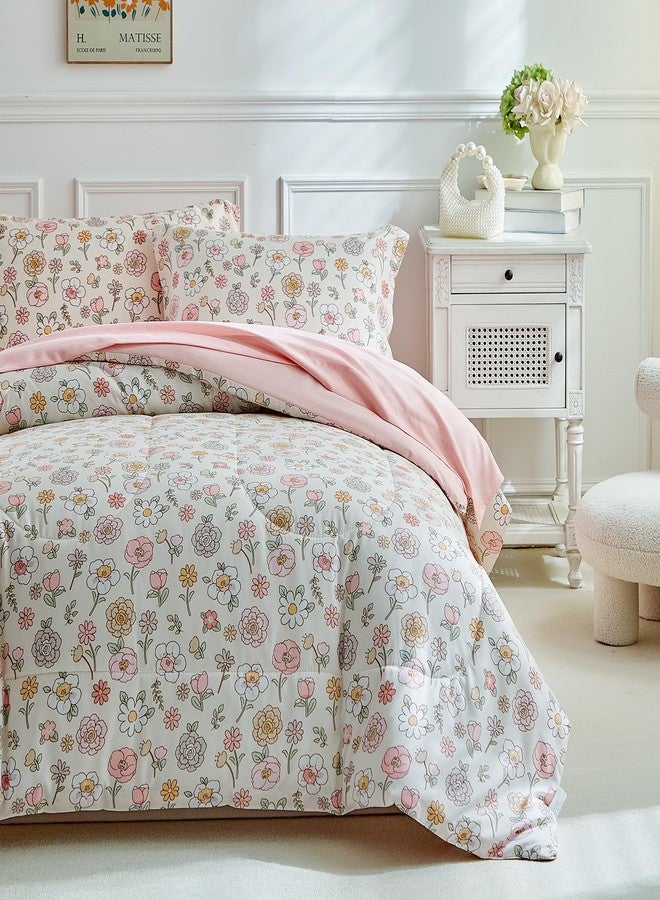 DuShow Floral Twin Comforter Set,5 Pieces Twin Bedding Set for Girls,Twin Bed in a Bag, All Season Kids Sheet Set with Comforter, Flat Sheet, Fitted Sheet, Pillowcase and Pillow Sham-Pink Floral - Image 2