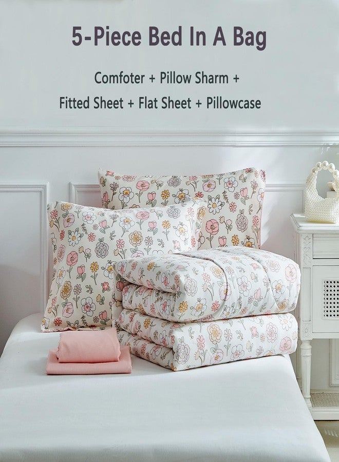 DuShow Floral Twin Comforter Set,5 Pieces Twin Bedding Set for Girls,Twin Bed in a Bag, All Season Kids Sheet Set with Comforter, Flat Sheet, Fitted Sheet, Pillowcase and Pillow Sham-Pink Floral - Image 5