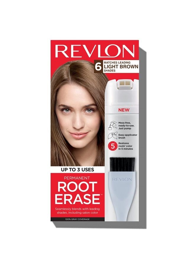 Revlon Permanent Hair Color by Revlon, Permanent Hair Dye, At-Home Root Erase with Applicator Brush for Multiple Use, 100% Gray Coverage, Light Brown (6), 3.2 Fl Oz - Image 1