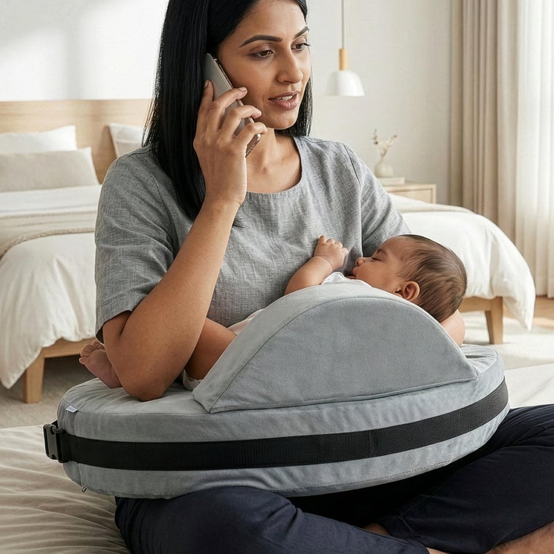 Cherilo Memory Foam Feeding Pillow for New Born Baby | Nursing Pillow with Removable Velvet Cover | Ergonomic Breast Feeding Pillow for Baby with Support – Grey - Image 1