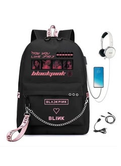Combination lock backpack with USB headphone jack, Korea girl group Rose Lisa JISOO Jennie printed backpack, school bags for teenagers and elementary school students, men's and women's casual sports backpacks