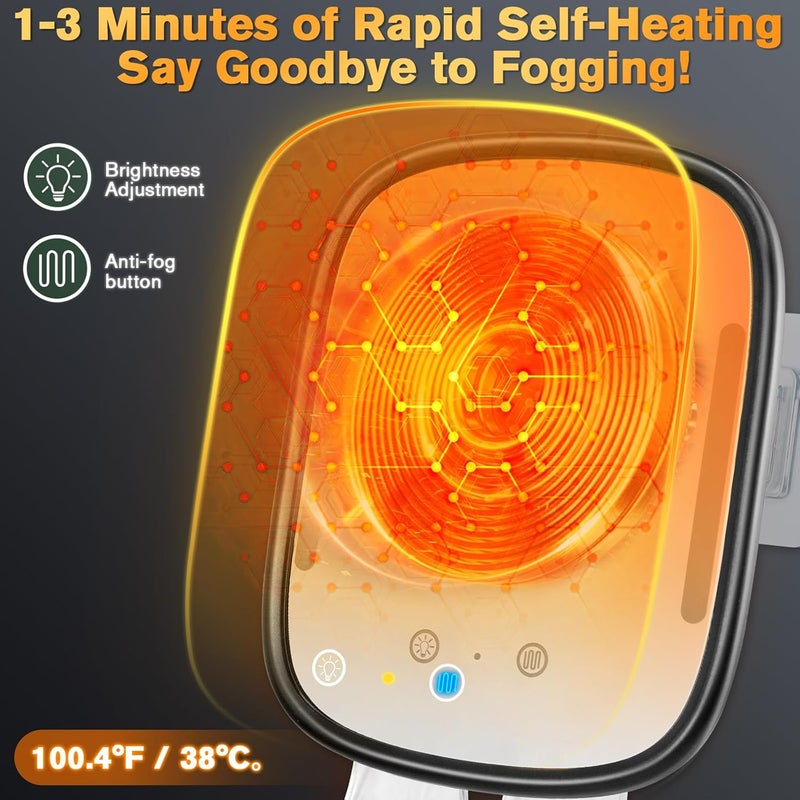 Showvigor Heated Shower Mirror Fogless for Men, Rechargeable Anti-Fog Shaving Mirror No-Drilling -Adjustable Dimmable Lights with 2 Razor Holders & Detachable Suction Cups Waterproof for Bathroom(White) (Black) - Image 3