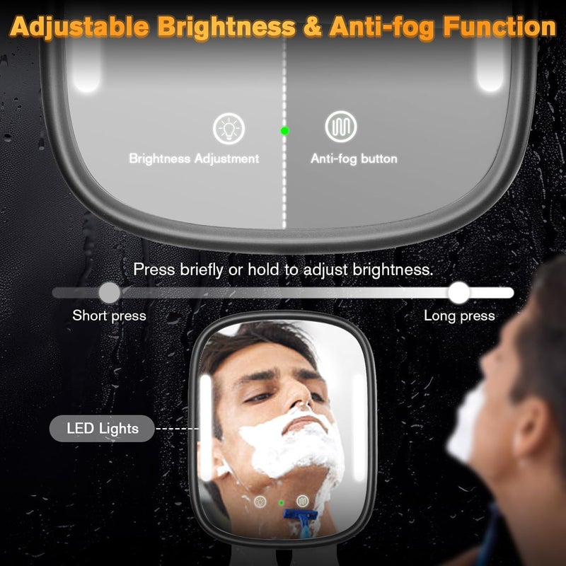 Showvigor Heated Shower Mirror Fogless for Men, Rechargeable Anti-Fog Shaving Mirror No-Drilling -Adjustable Dimmable Lights with 2 Razor Holders & Detachable Suction Cups Waterproof for Bathroom(White) (Black) - Image 5