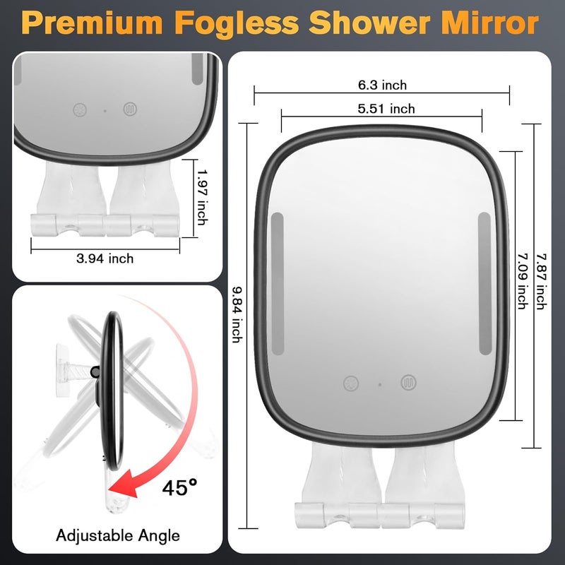 Showvigor Heated Shower Mirror Fogless for Men, Rechargeable Anti-Fog Shaving Mirror No-Drilling -Adjustable Dimmable Lights with 2 Razor Holders & Detachable Suction Cups Waterproof for Bathroom(White) (Black) - Image 2