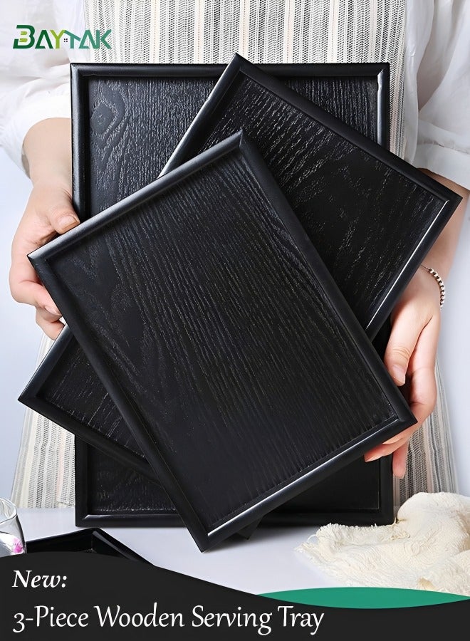 بيتك طقم صواني تقديم خشبية سوداء – 3 قطع مستطيلة، مانعة للانزلاق، مع حواف مرتفعة للشاي والقهوة والوجبات الخفيفة للمطبخ والمنزل والمطاعم - Image 1