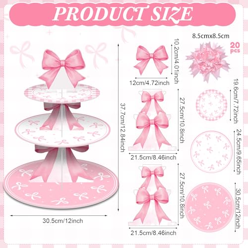 Vesici Pink Bow Cupcake Stand Pink Bow Birthday Decorations 3 Tier Coquette Cupcake Holder Dessert Tower with 20 Bowknots Coquette Theme Party Decorations for Women Girls Bridal Bachelorette Supplies - Image 2
