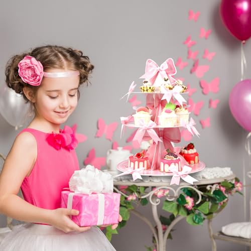 Vesici Pink Bow Cupcake Stand Pink Bow Birthday Decorations 3 Tier Coquette Cupcake Holder Dessert Tower with 20 Bowknots Coquette Theme Party Decorations for Women Girls Bridal Bachelorette Supplies - Image 5