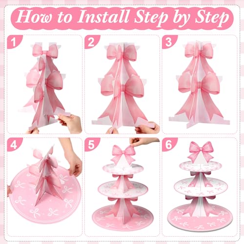 Vesici Pink Bow Cupcake Stand Pink Bow Birthday Decorations 3 Tier Coquette Cupcake Holder Dessert Tower with 20 Bowknots Coquette Theme Party Decorations for Women Girls Bridal Bachelorette Supplies - Image 4