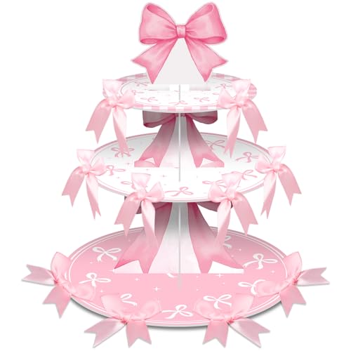 Vesici Pink Bow Cupcake Stand Pink Bow Birthday Decorations 3 Tier Coquette Cupcake Holder Dessert Tower with 20 Bowknots Coquette Theme Party Decorations for Women Girls Bridal Bachelorette Supplies - Image 1
