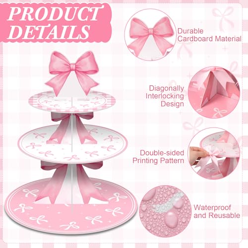 Vesici Pink Bow Cupcake Stand Pink Bow Birthday Decorations 3 Tier Coquette Cupcake Holder Dessert Tower with 20 Bowknots Coquette Theme Party Decorations for Women Girls Bridal Bachelorette Supplies - Image 3