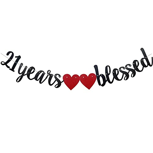 Festiko®21 Years Blessed Banner Black Paper Glitter Party Decorations for 21ST Wedding Anniversary 21 Years Old 21ST Birthday Party Supplies Letters Black - Image 1