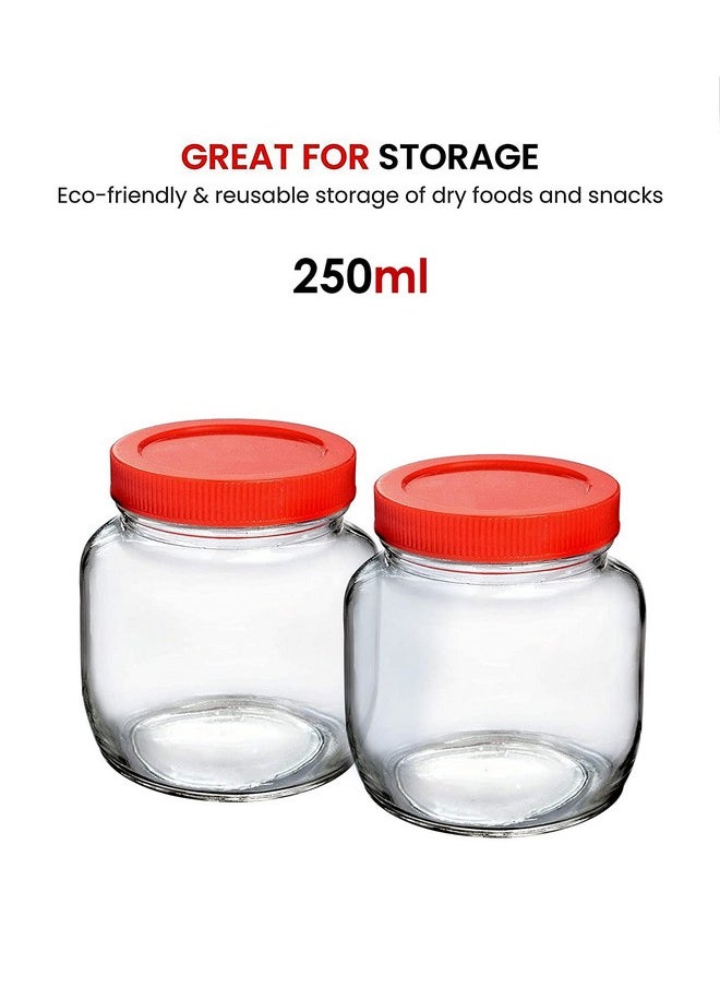 Cloudmart CLOUDMART Piramal Glass Round Shape Clear Jars And Containers For Kitchen Pantry,Snacks,Masala,Pickles,Dry Fruits,And Coffee Beans Storage With Red Color,Plastic Lid(Aahar Jar 250Ml,Set Of 8),Brown  - Image 2