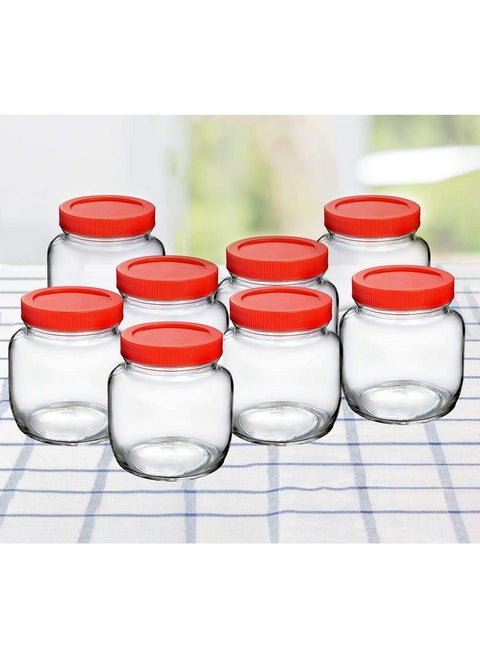 CLOUDMART Piramal Glass Round Shape Clear Jars And Containers For Kitchen Pantry,Snacks,Masala,Pickles,Dry Fruits,And Coffee Beans Storage With Red Color,Plastic Lid(Aahar Jar 250Ml,Set Of 8),Brown