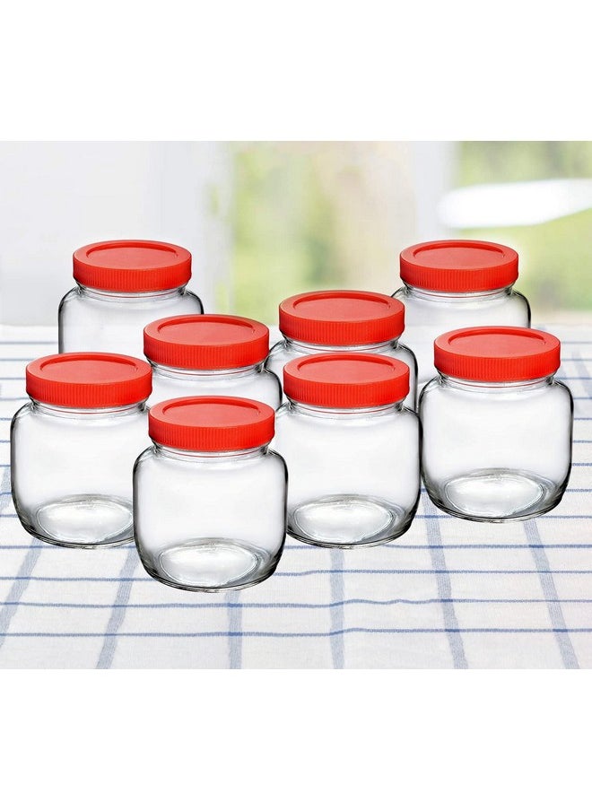 Cloudmart CLOUDMART Piramal Glass Round Shape Clear Jars And Containers For Kitchen Pantry,Snacks,Masala,Pickles,Dry Fruits,And Coffee Beans Storage With Red Color,Plastic Lid(Aahar Jar 250Ml,Set Of 8),Brown  - Image 1