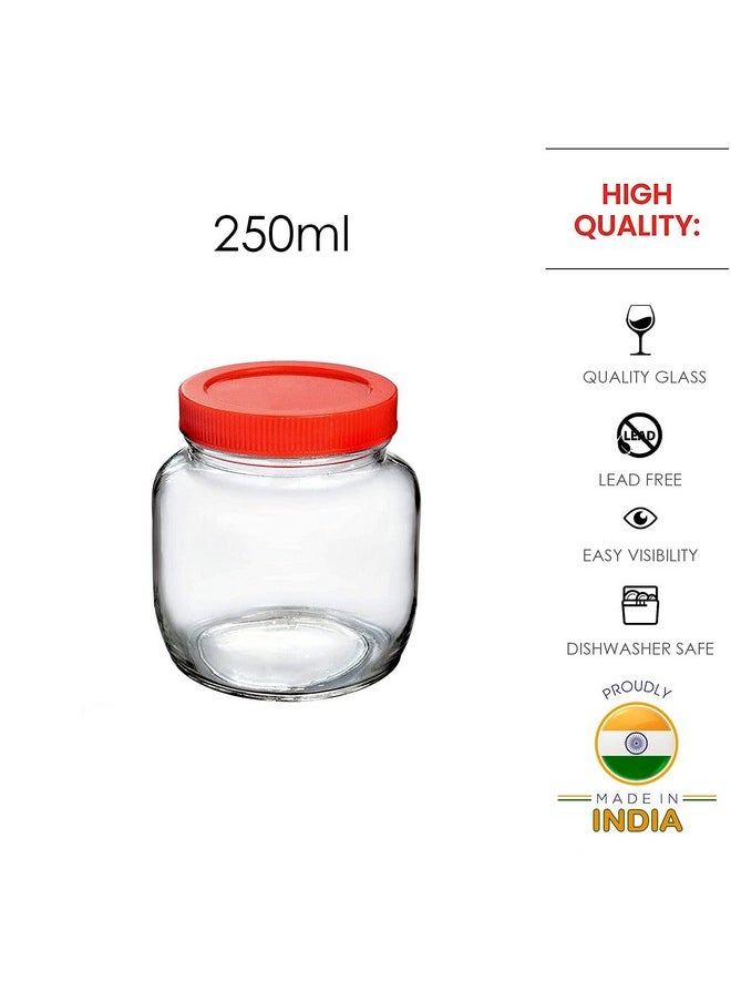 Cloudmart CLOUDMART Piramal Glass Round Shape Clear Jars And Containers For Kitchen Pantry,Snacks,Masala,Pickles,Dry Fruits,And Coffee Beans Storage With Red Color,Plastic Lid(Aahar Jar 250Ml,Set Of 8),Brown  - Image 3