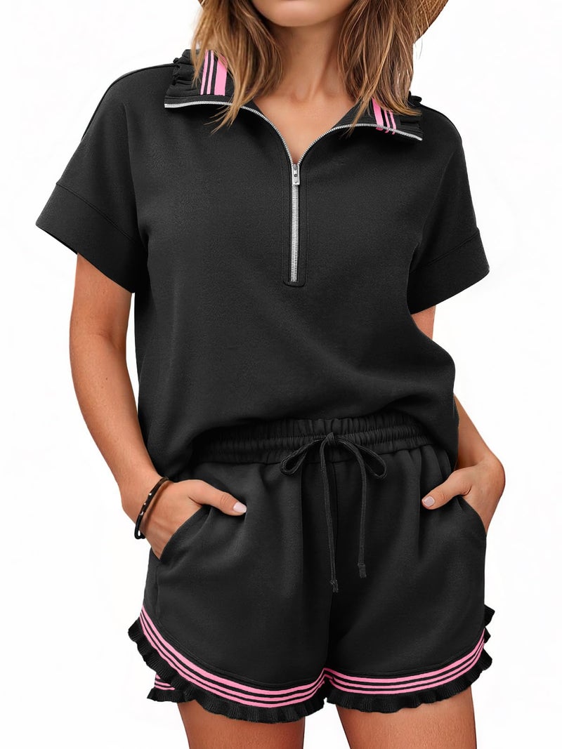 Aoysky 2 Piece Outfits Short Sets for Women Sweatsuit Casual Tracksuits Summer Half Zip Ruffle Tops Matching Sets Black - Image 1