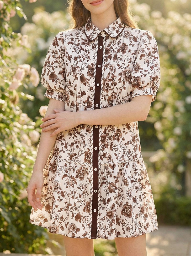 Wenrine Womens Mini Dress Summer Casual Short Puff Sleeve Floral Collared V Neck Loose Button Down Shirt Dress with Pockets Brown - Image 3