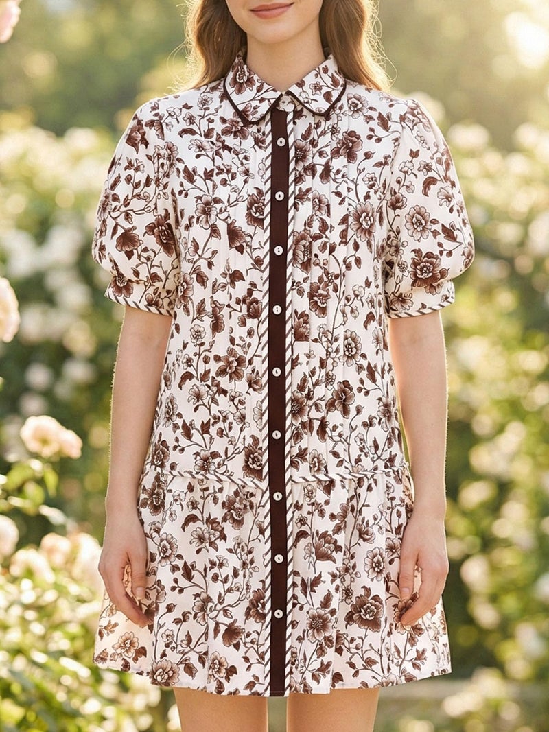 Wenrine Womens Mini Dress Summer Casual Short Puff Sleeve Floral Collared V Neck Loose Button Down Shirt Dress with Pockets Brown - Image 2