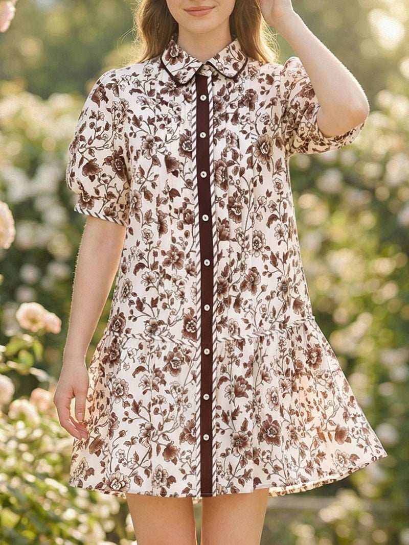 Wenrine Womens Mini Dress Summer Casual Short Puff Sleeve Floral Collared V Neck Loose Button Down Shirt Dress with Pockets Brown - Image 4