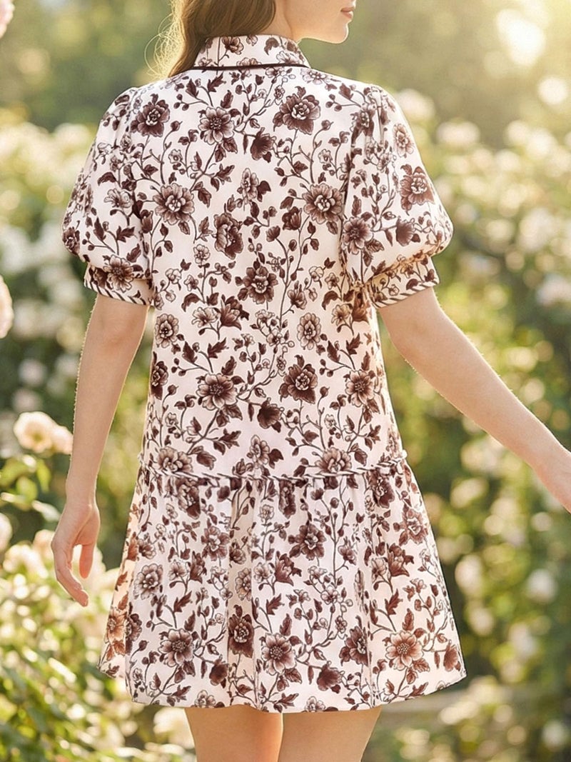 Wenrine Womens Mini Dress Summer Casual Short Puff Sleeve Floral Collared V Neck Loose Button Down Shirt Dress with Pockets Brown - Image 5