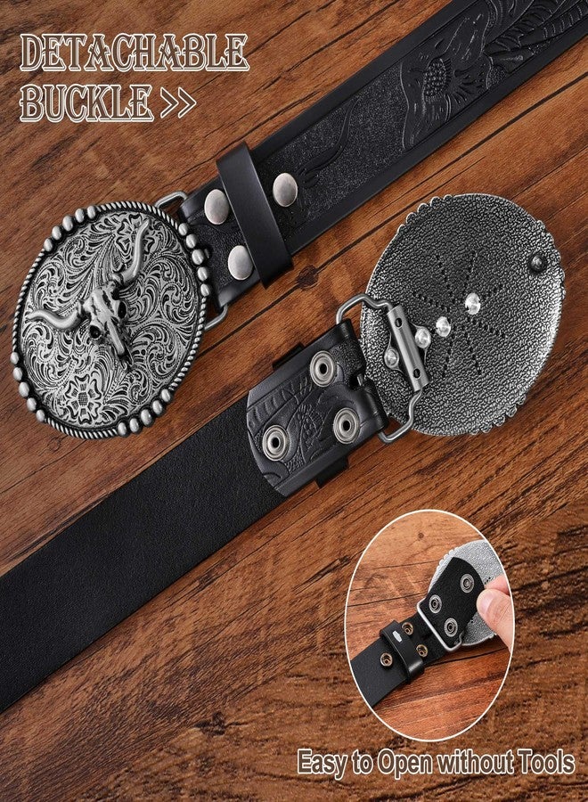 FIORETTO Western Cowboy Belts for Men Women Cowgirl Leather Belt Big Buckle Bull Belt for Jeans Black - Image 4