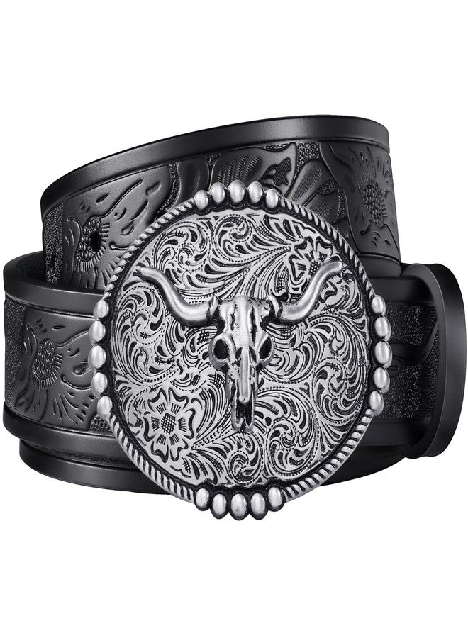 FIORETTO Western Cowboy Belts for Men Women Cowgirl Leather Belt Big Buckle Bull Belt for Jeans Black - Image 1