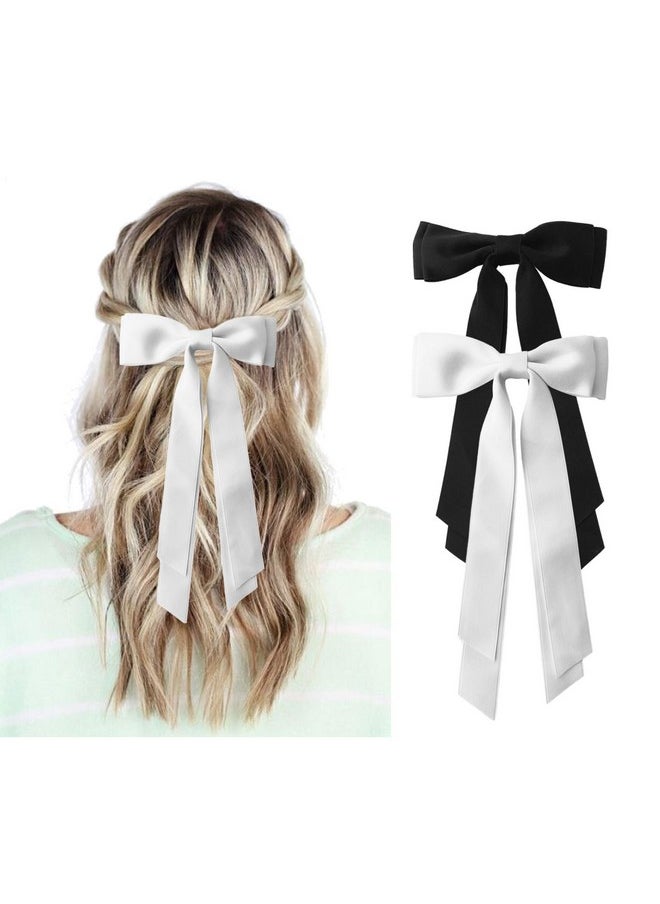 Ronger2000 Black And White Hair Bows For Women 2Pcs Silkly Satin Hair Ribbon Bow With Metal Clips Hair Accessories For Girls  - Image 1