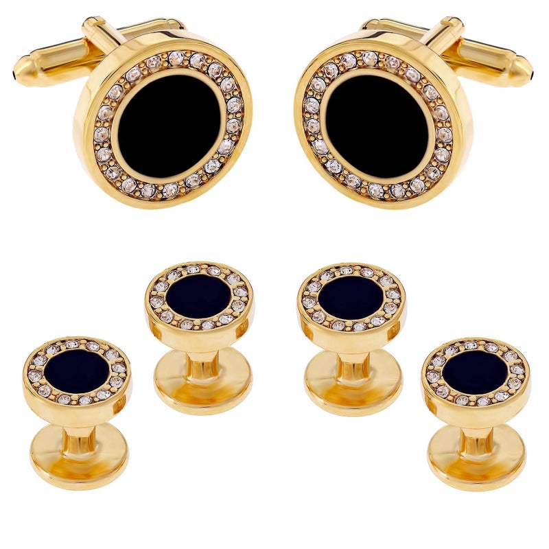 Cuff-Daddy Men's Black Onyx and Cubic Zirconia Gold Cufflinks Tuxedo Formal Set with Jewelry Presentation Box Gift Party Special Occasions Cufflinks for Wedding Anniversary Suit French Cuff Shirts