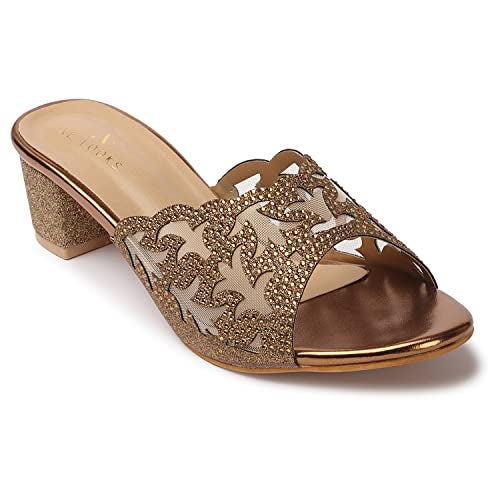 XE Looks Women's Copper Block Heel Sandals | Intricate Star Cutwork Design with Shimmer Finish | Stylish & Trendy Slip-Ons Heels For Girls & Women - Image 5
