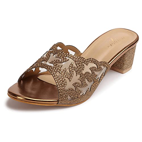 XE Looks Women's Copper Block Heel Sandals | Intricate Star Cutwork Design with Shimmer Finish | Stylish & Trendy Slip-Ons Heels For Girls & Women - Image 1