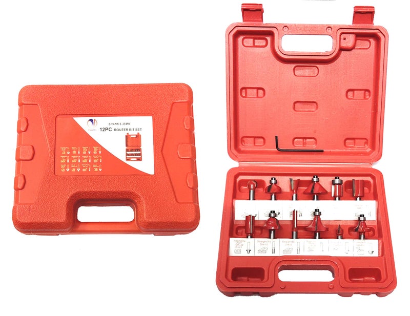 Mass Pro 6.35mm Router Bit Set 12 Pcs Multi Shape for Router/Trimmer Combo with Wooden Box Specially Designed for Wood Working - Image 1
