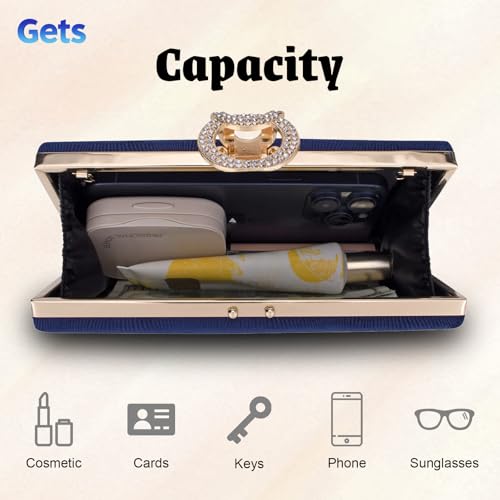 Gets Women Evening Handbag Formal Bridal Wedding Party Clutch Purse Small Pleated Clutch Bag with Chain(Navy Blue) - Image 4
