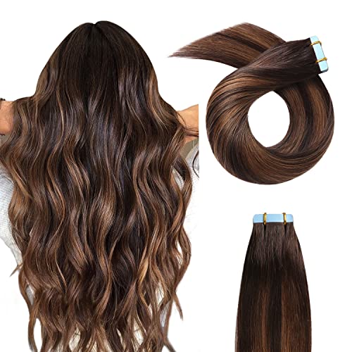 YILITE Tape in Hair Extensions Human Hair Balayage Dark Brown Roots Fading to Dark Brown and Chestnut Brown 50g 20pcs Real Remy Human Tape in Human Hair Extensions Straight 18 inches