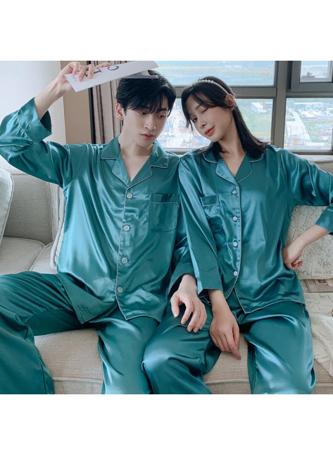 Spring And Autumn Couple's Silk Pajamas Men's And Women's Long-sleeved Two-piece Suit Thin Ice Silk Summer High-end Silk Pajamas