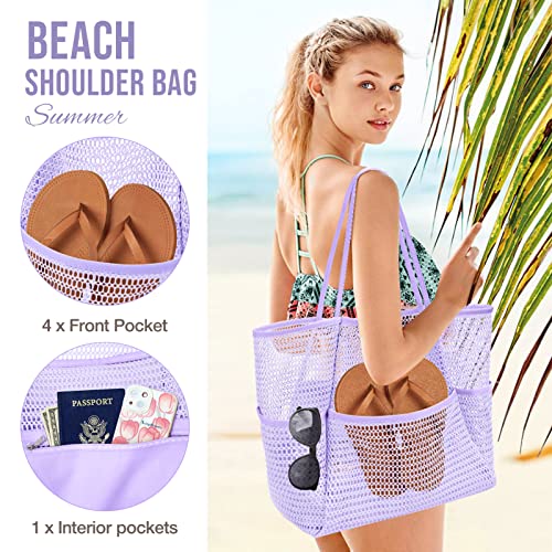 KPX Beach Bag with Mini Pocket, Summer Beach Tote Bags for Women Large Foldable Mesh Swimming Pool Travel Bags - Sandproof(Purple-Style2) - Image 5