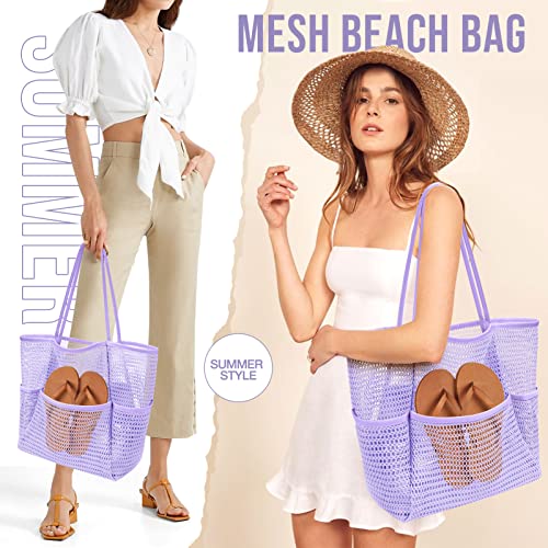 KPX Beach Bag with Mini Pocket, Summer Beach Tote Bags for Women Large Foldable Mesh Swimming Pool Travel Bags - Sandproof(Purple-Style2) - Image 4