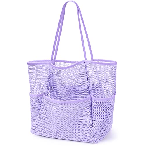 KPX Beach Bag with Mini Pocket, Summer Beach Tote Bags for Women Large Foldable Mesh Swimming Pool Travel Bags - Sandproof(Purple-Style2) - Image 1