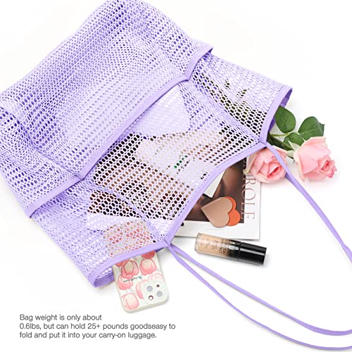 KPX Beach Bag with Mini Pocket, Summer Beach Tote Bags for Women Large Foldable Mesh Swimming Pool Travel Bags - Sandproof(Purple-Style2) - Image 2